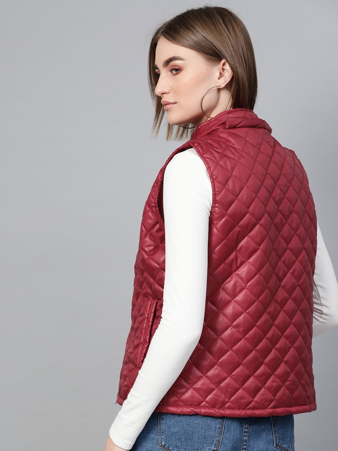 Women's Maroon Quilted Sleeveless Hood Jacket