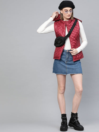 Women's Maroon Quilted Sleeveless Hood Jacket