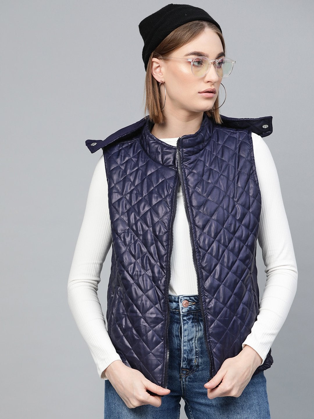 Women's Navy Quilted Sleeveless Hood Jacket