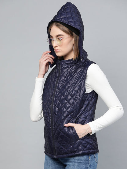 Women's Navy Quilted Sleeveless Hood Jacket