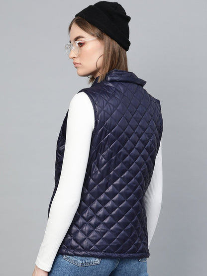 Women's Navy Quilted Sleeveless Hood Jacket