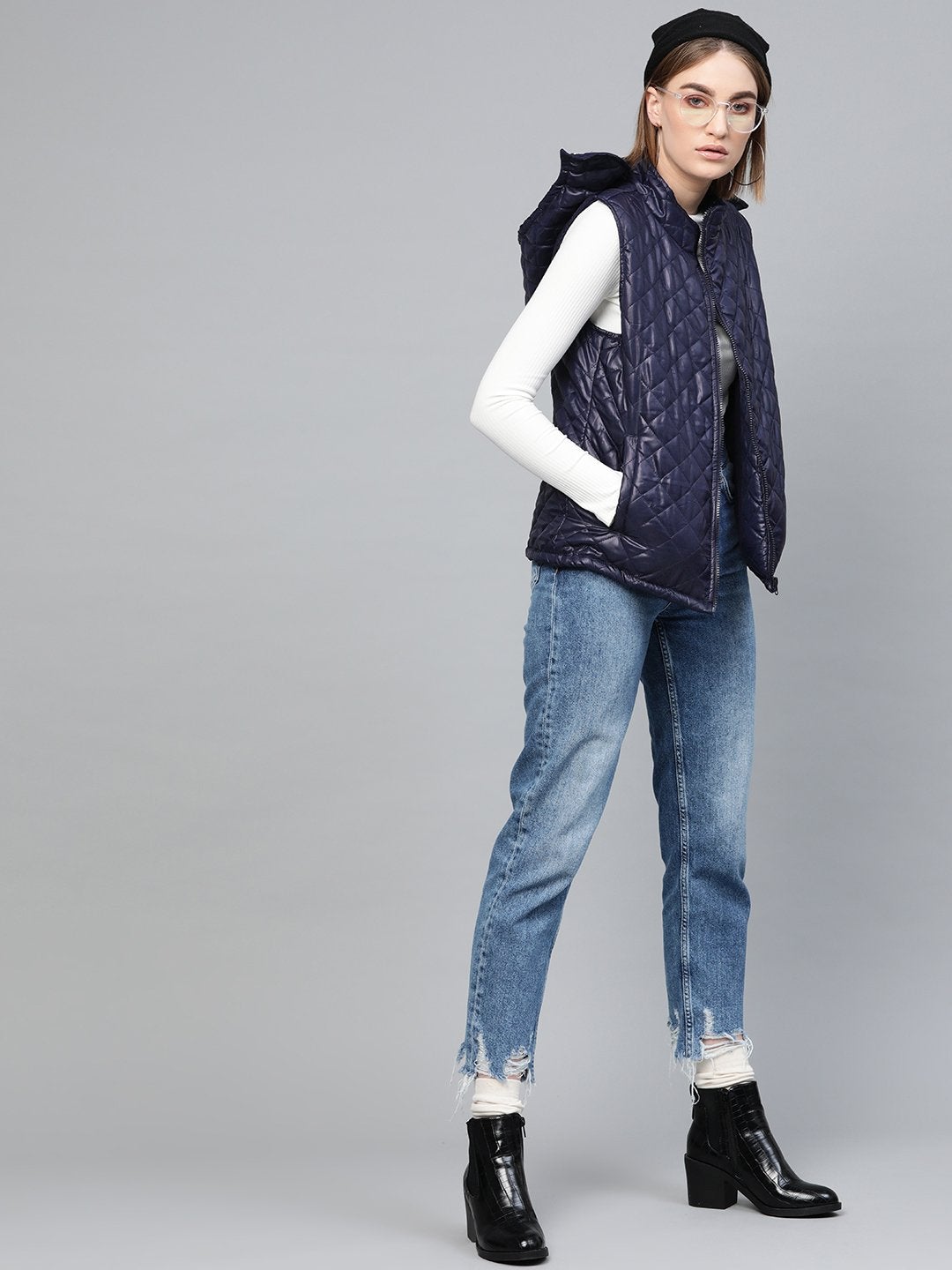 Women's Navy Quilted Sleeveless Hood Jacket