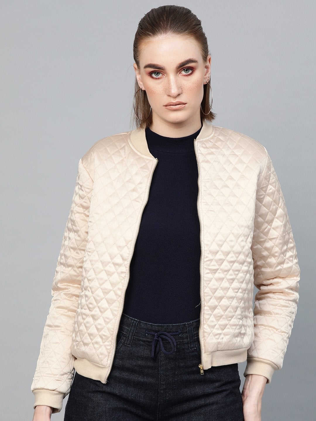 Women's Beige Quilting Bomber Jacket