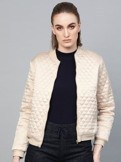 Women's Beige Quilting Bomber Jacket
