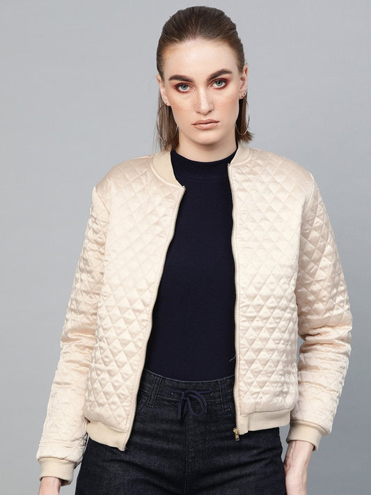 Women's Beige Quilting Bomber Jacket