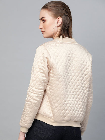 Women's Beige Quilting Bomber Jacket