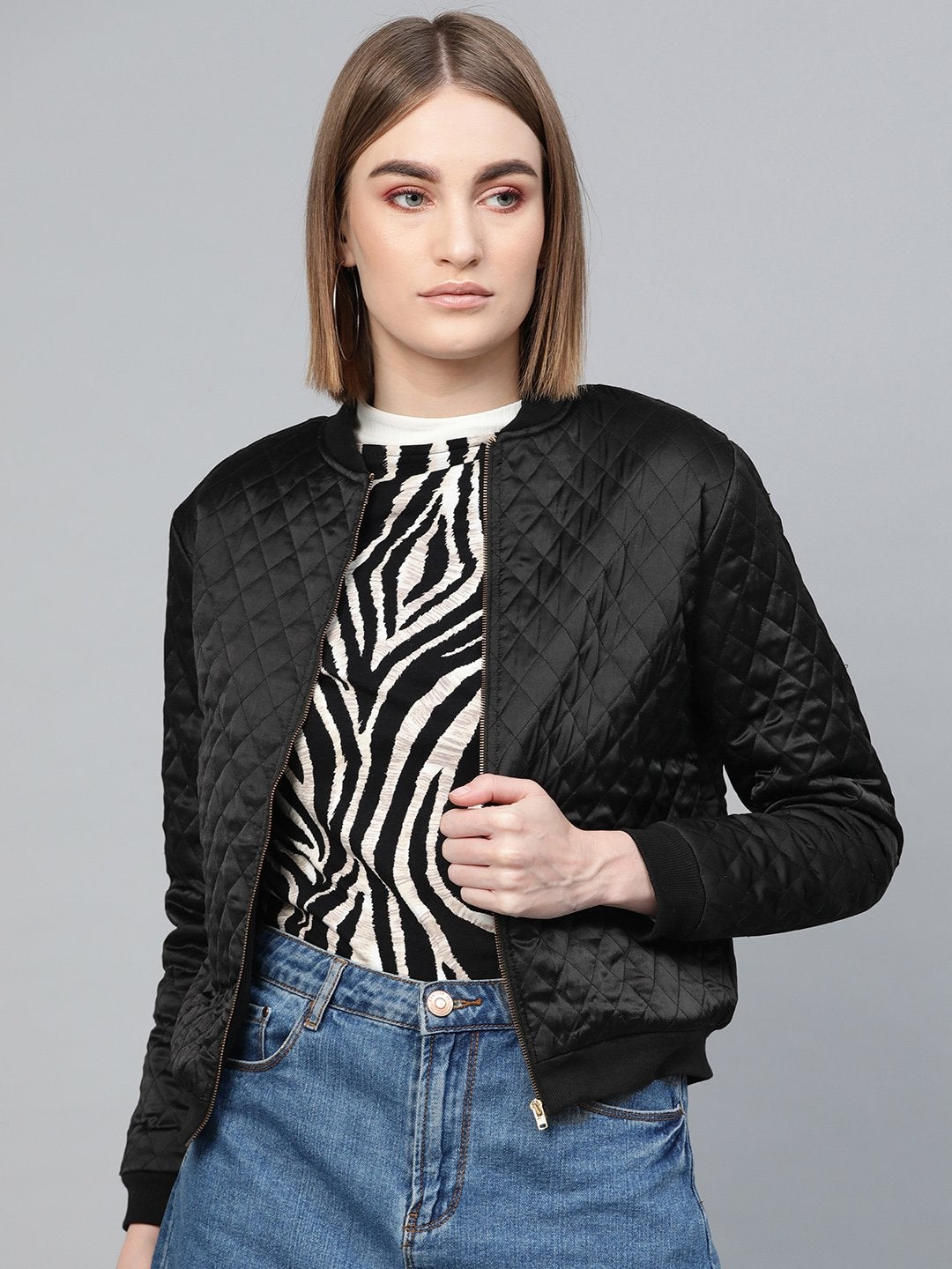 Women's Black Quilting Bomber Jacket