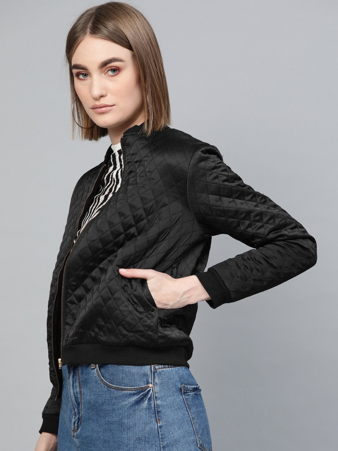 Women's Black Quilting Bomber Jacket