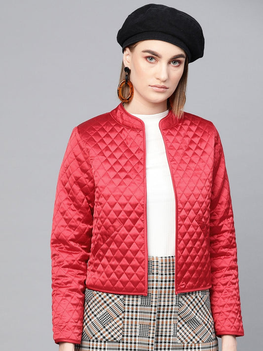 Women's Red Front Open Quilted Jacket