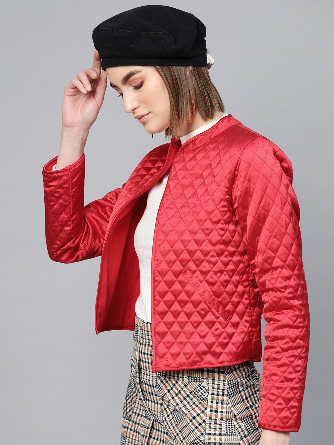Women's Red Front Open Quilted Jacket