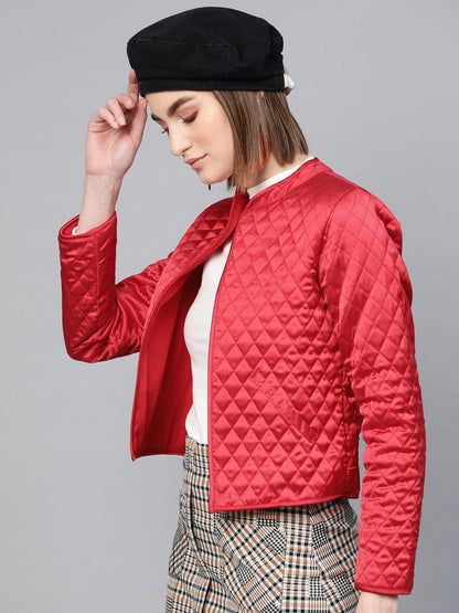 Women's Red Front Open Quilted Jacket
