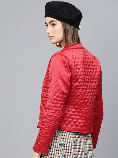 Women's Red Front Open Quilted Jacket