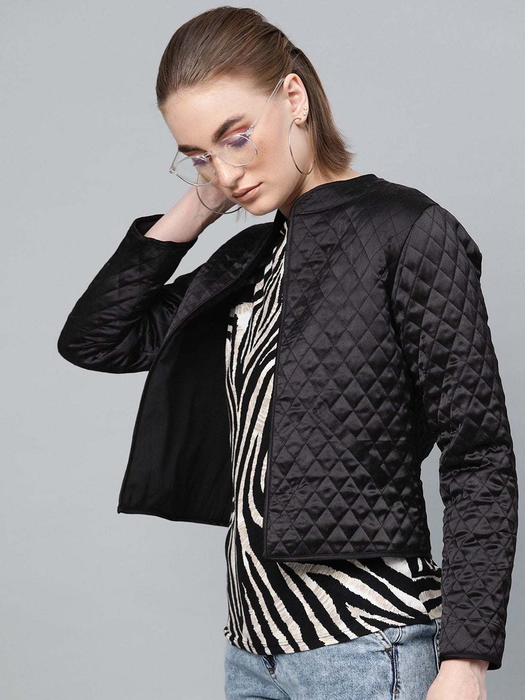 Women's Black Front Open Quilted Jacket