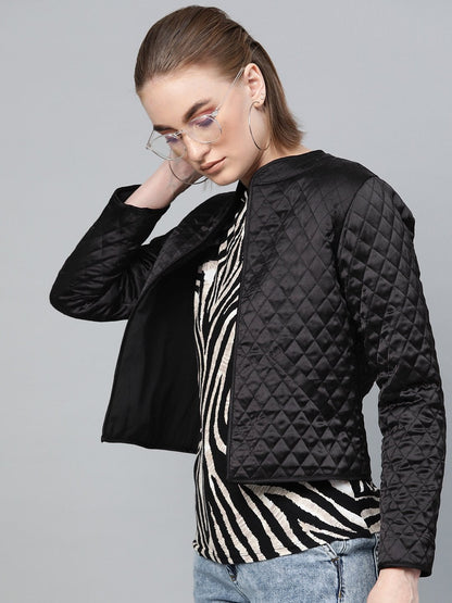 Women's Black Front Open Quilted Jacket