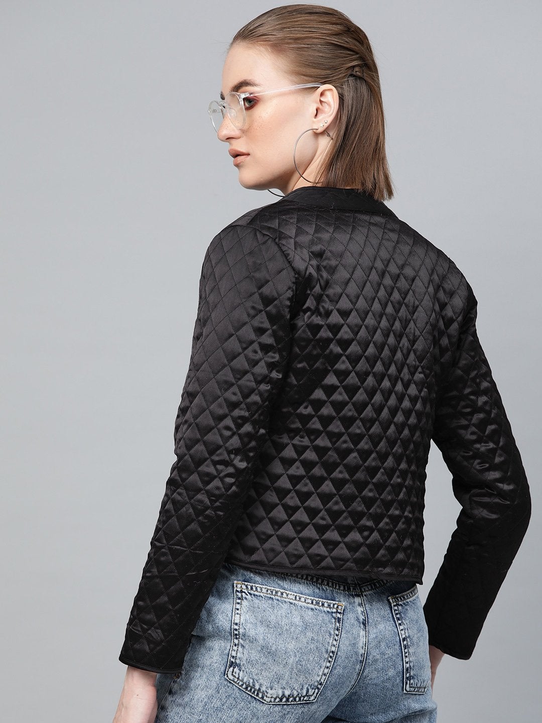 Women's Black Front Open Quilted Jacket