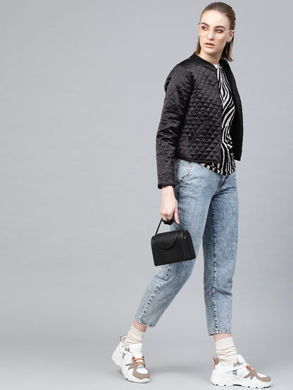 Women's Black Front Open Quilted Jacket
