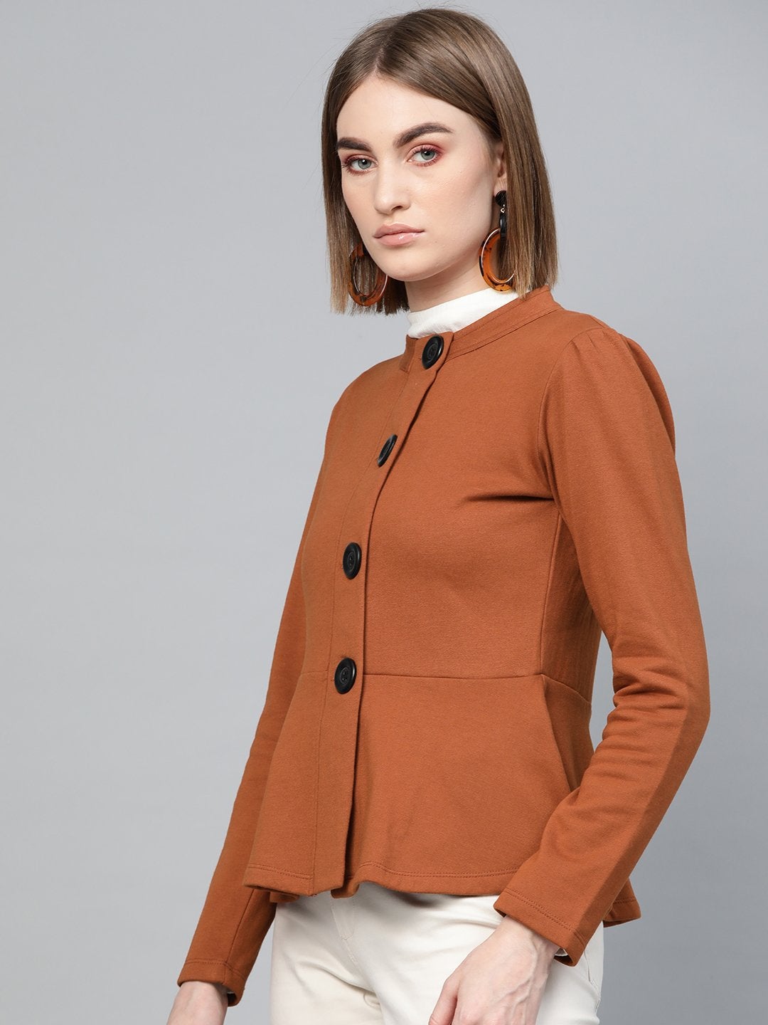 Women's Brown Button Front Peplum Jacket