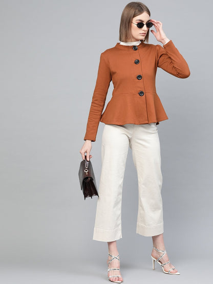 Women's Brown Button Front Peplum Jacket