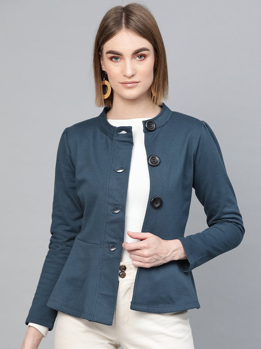 Women's Teal Button Front Peplum Jacket