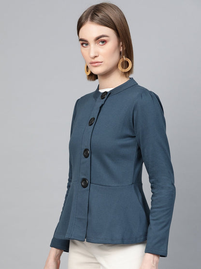 Women's Teal Button Front Peplum Jacket