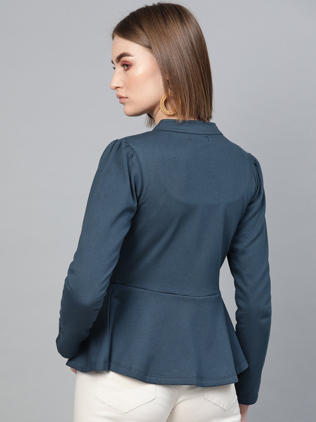 Women's Teal Button Front Peplum Jacket