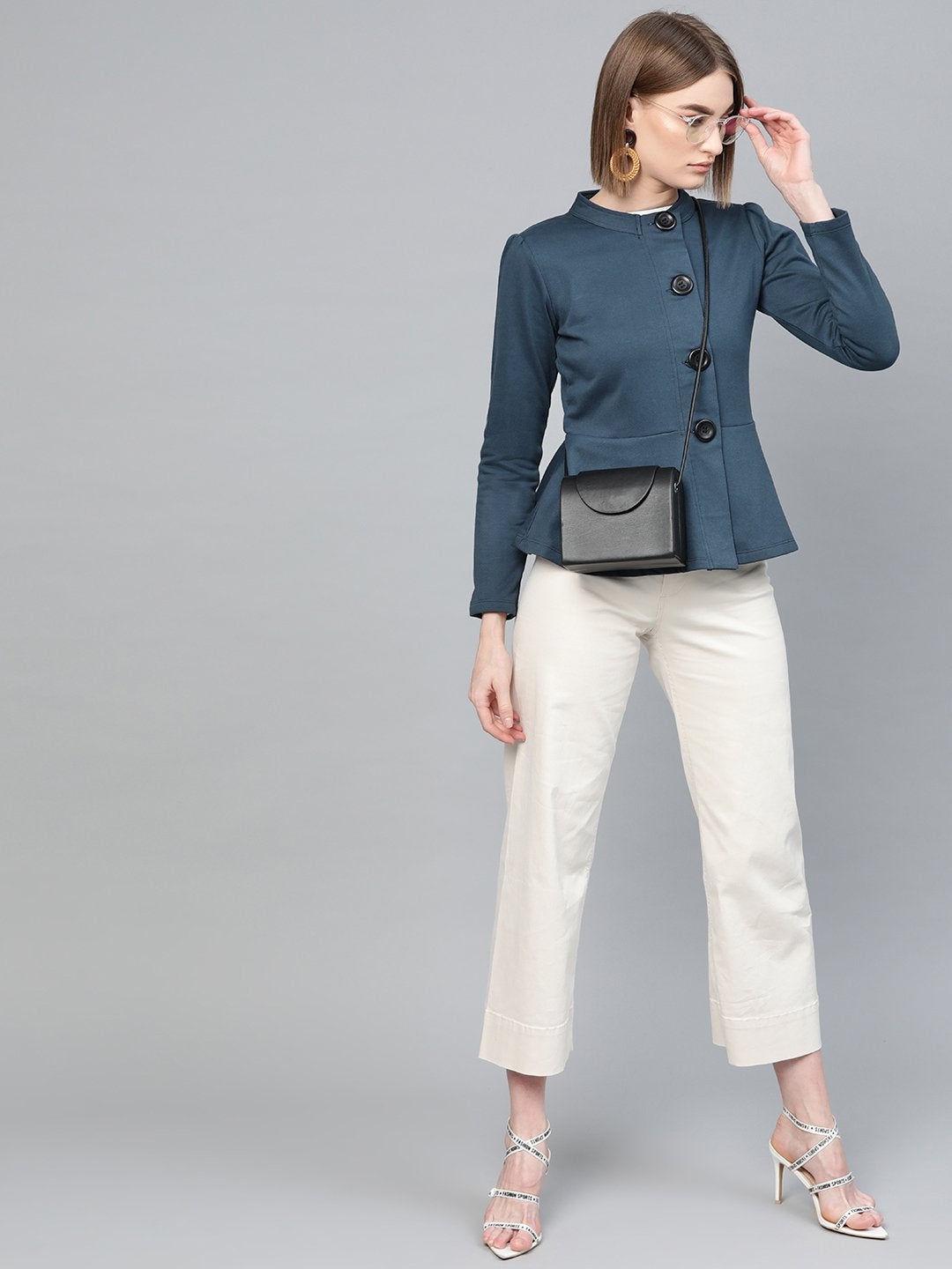 Women's Teal Button Front Peplum Jacket