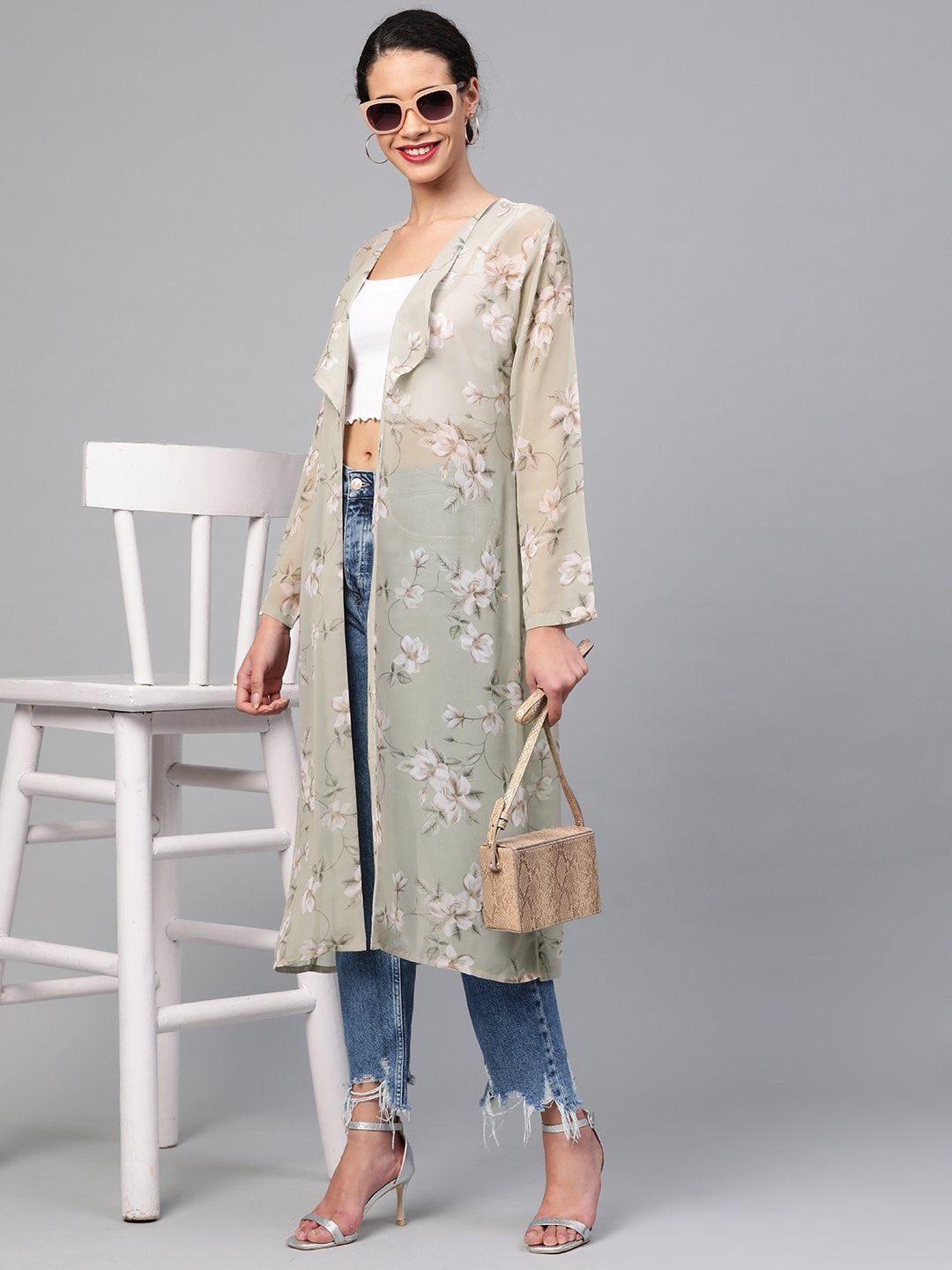 Women's Olive Floral Back Mock Shrug