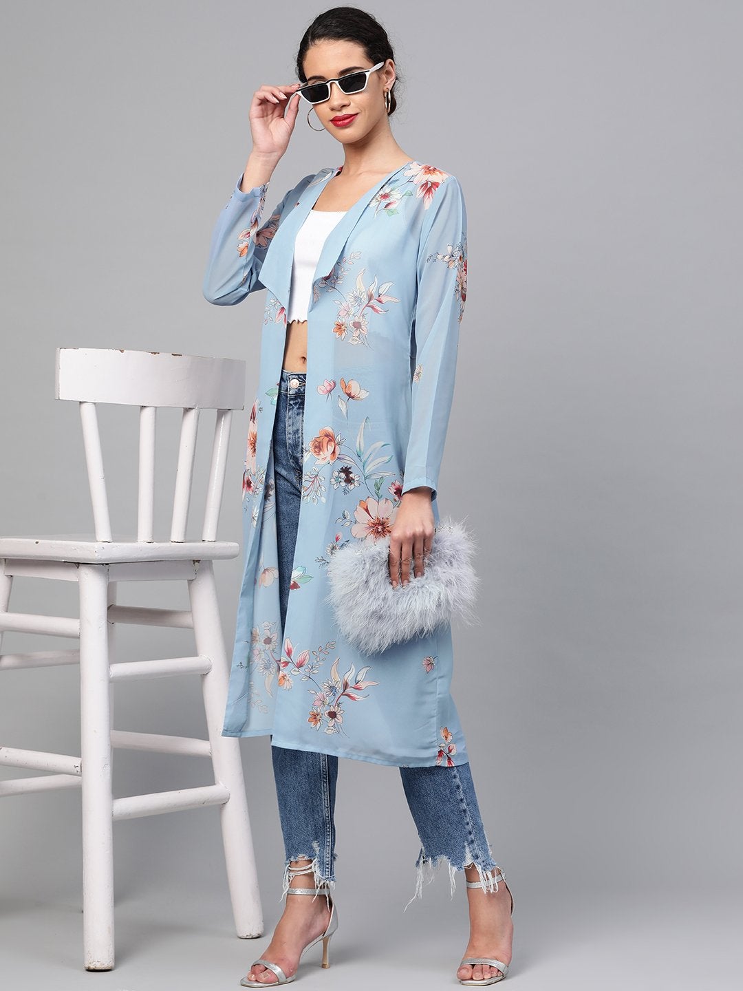 Women's Pale Blue Floral Back Mock Shrug