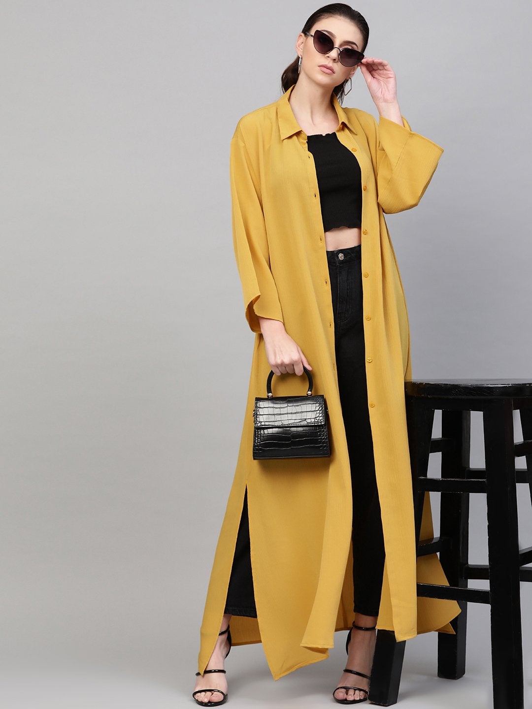 Women's Mustard Button Placket Longline Shrug