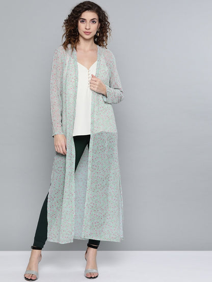 Women's Olive Ditsy Floral Side Slit Longline Shrug