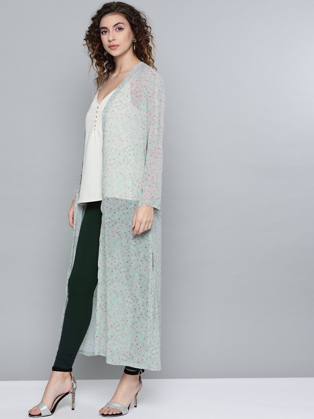 Women's Olive Ditsy Floral Side Slit Longline Shrug
