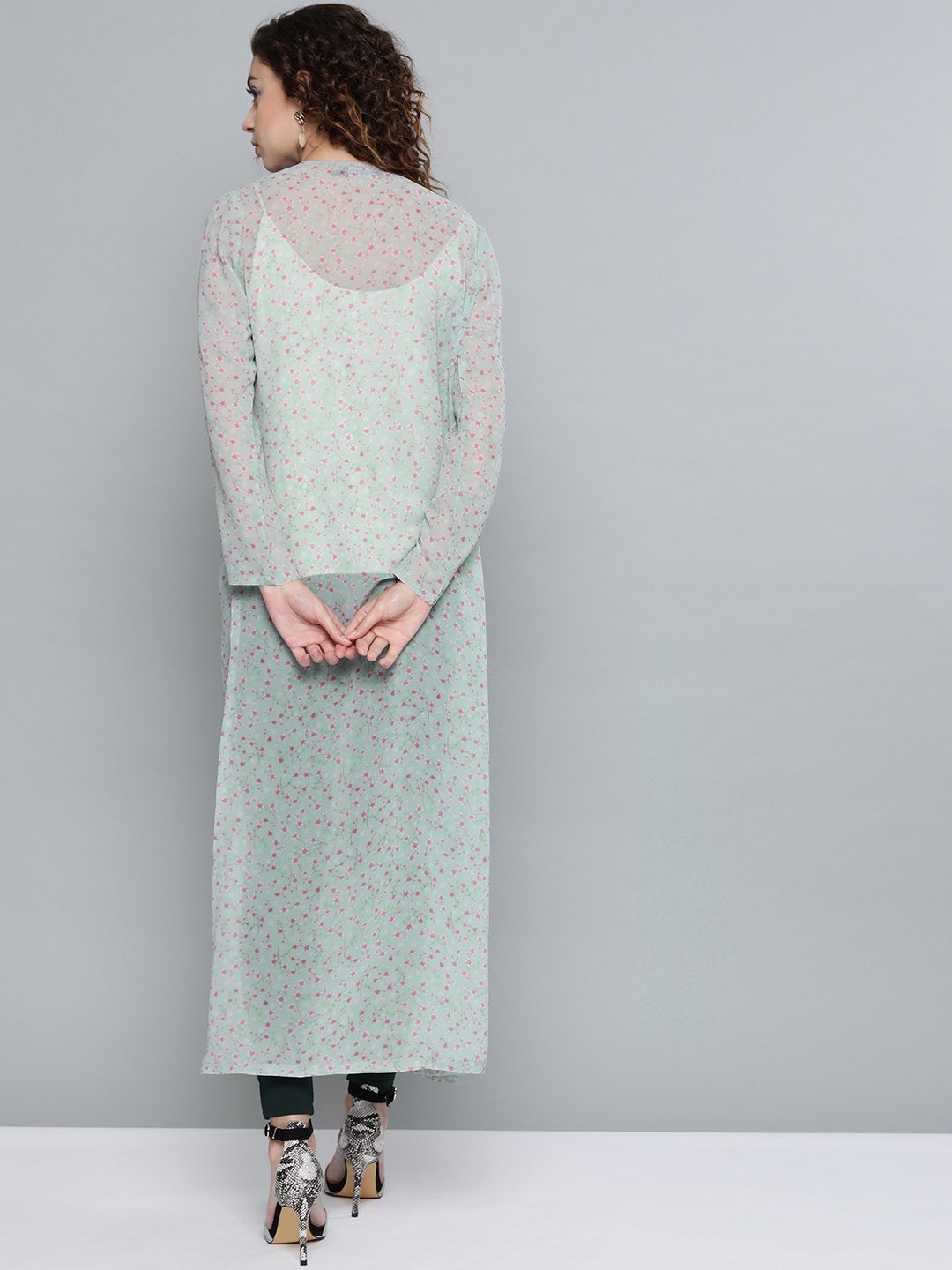Women's Olive Ditsy Floral Side Slit Longline Shrug