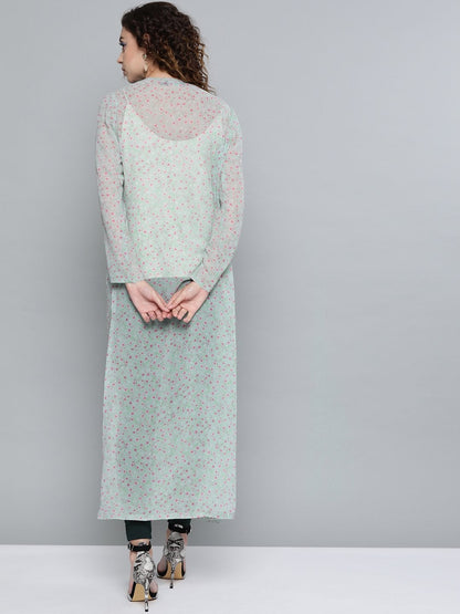Women's Olive Ditsy Floral Side Slit Longline Shrug