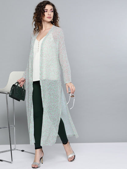 Women's Olive Ditsy Floral Side Slit Longline Shrug