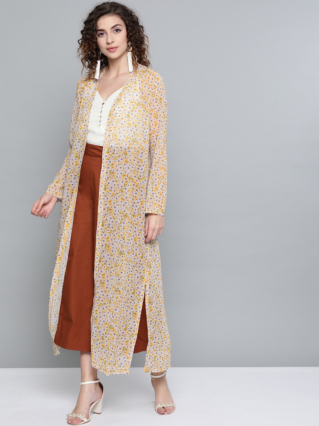 Women's Yellow Ditsy Floral Side Slit Longline Shrug