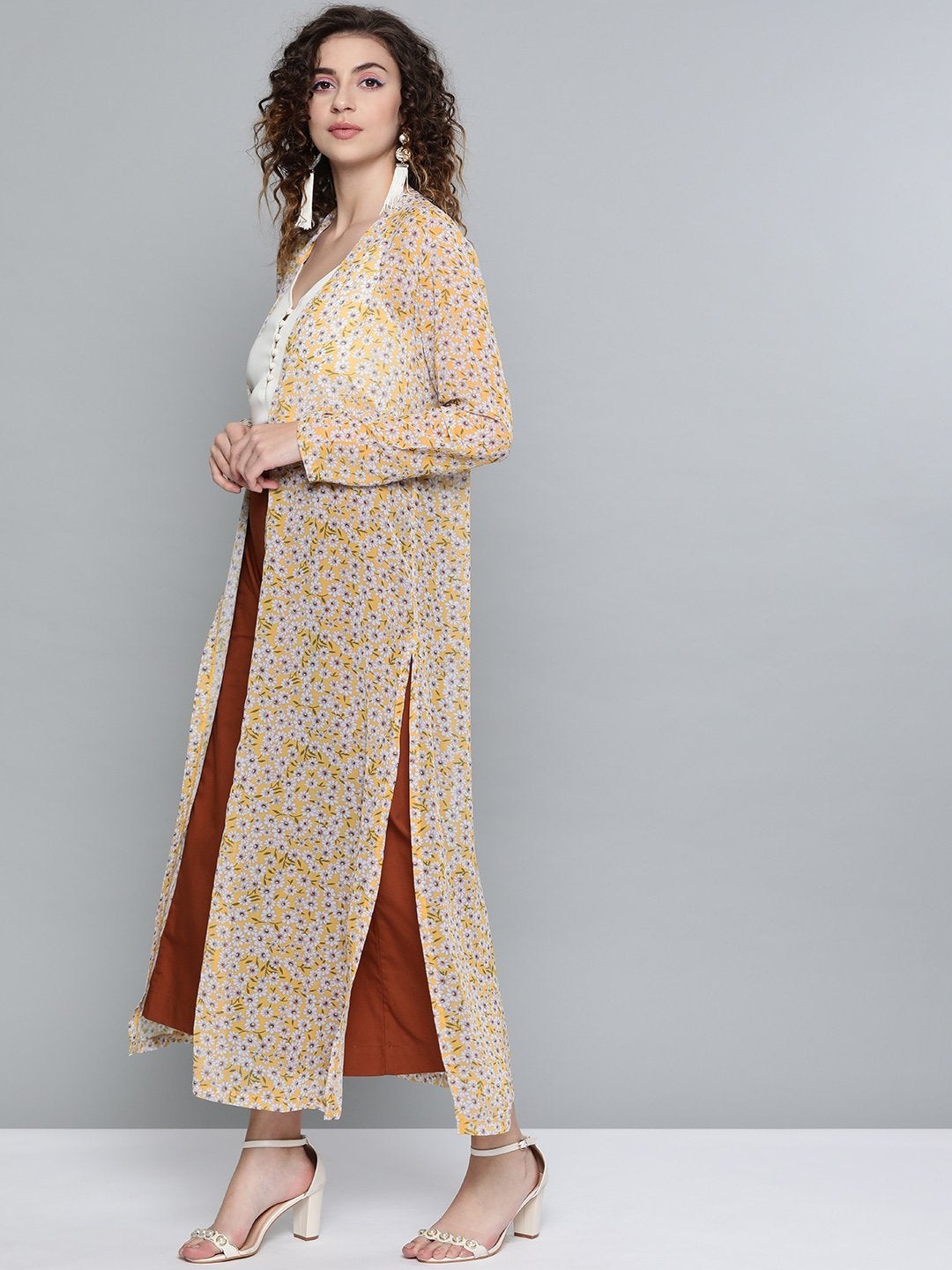 Women's Yellow Ditsy Floral Side Slit Longline Shrug