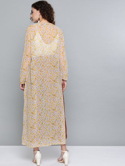 Women's Yellow Ditsy Floral Side Slit Longline Shrug