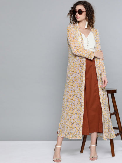Women's Yellow Ditsy Floral Side Slit Longline Shrug