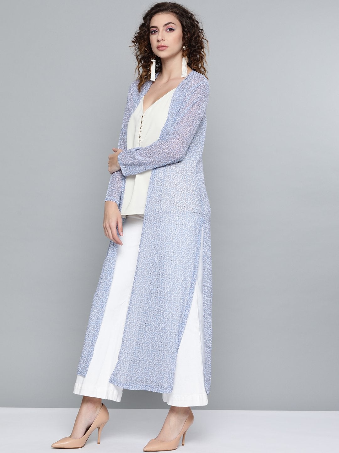 Women's Lavender Ditsy Floral Side Slit Longline Shrug