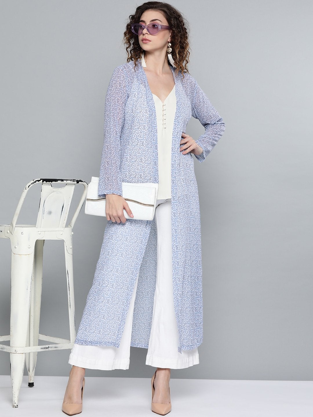 Women's Lavender Ditsy Floral Side Slit Longline Shrug