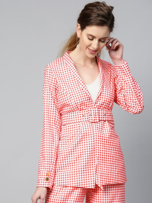 Women's Red & White Check Belted Blazer