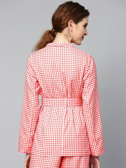 Women's Red & White Check Belted Blazer