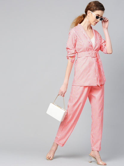 Women's Red & White Check Belted Blazer