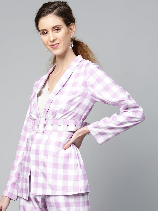 Women's Lavender & White Check Belted Blazer