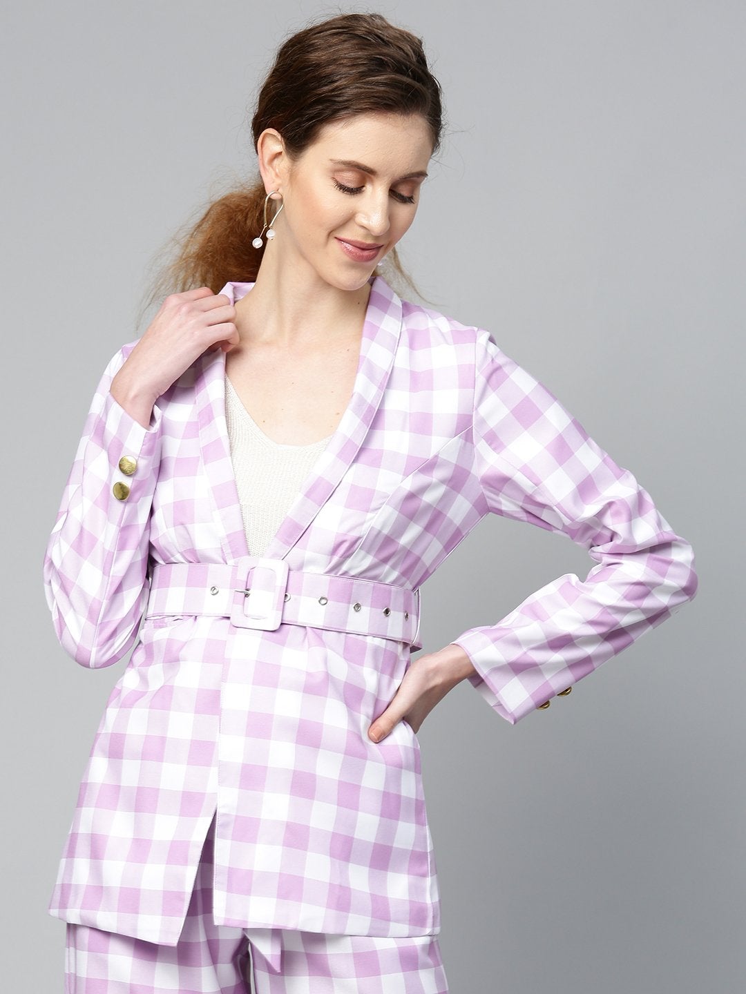 Women's Lavender & White Check Belted Blazer
