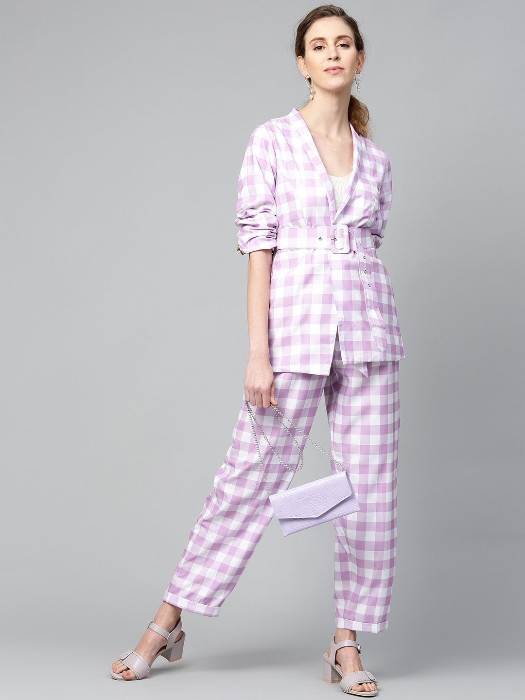 Women's Lavender & White Check Belted Blazer