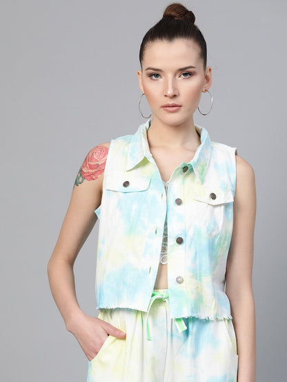 Women's Yellow & Blue Tie-Dye Sleeveless Jacket