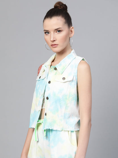 Women's Yellow & Blue Tie-Dye Sleeveless Jacket