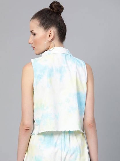 Women's Yellow & Blue Tie-Dye Sleeveless Jacket