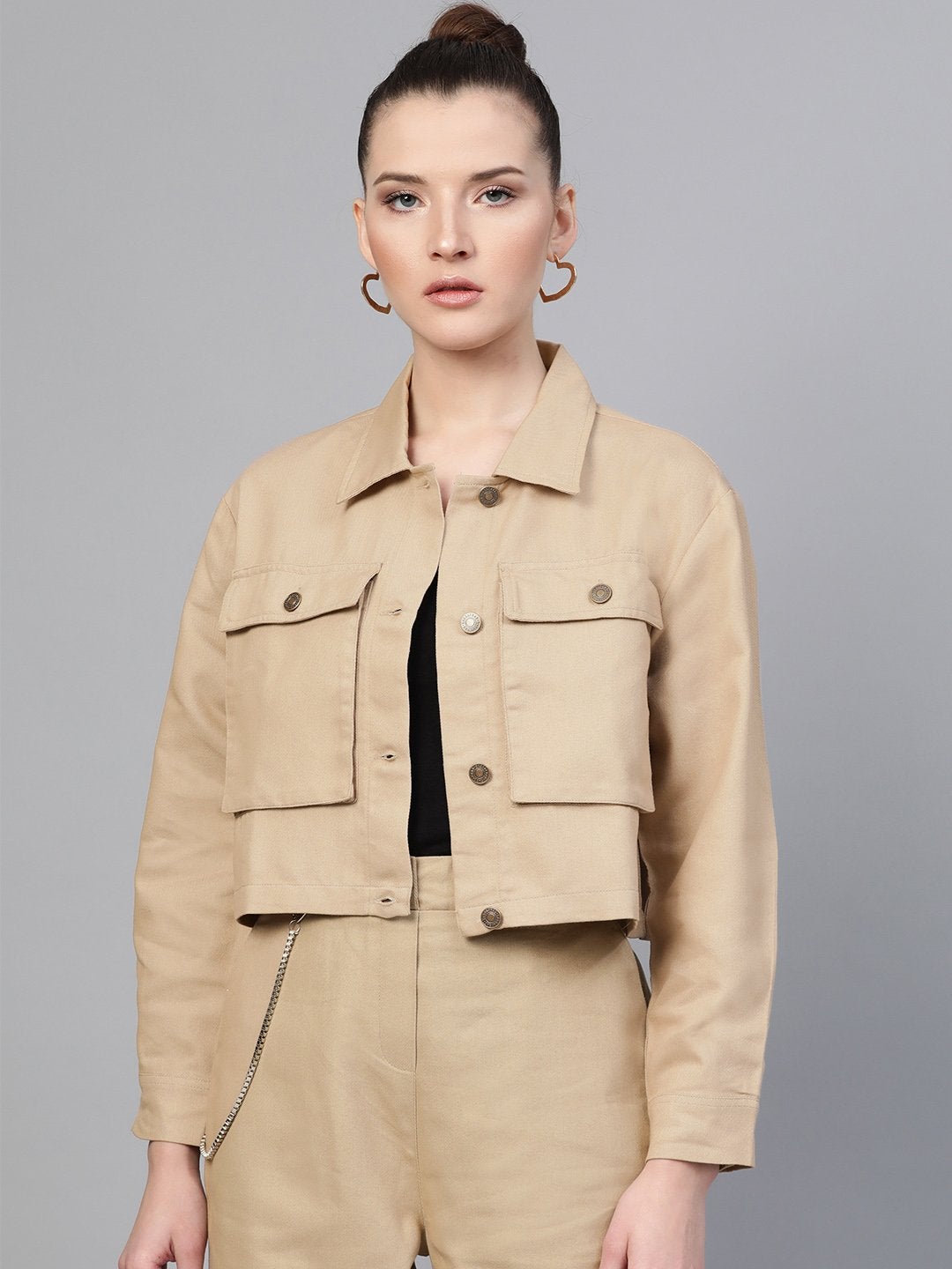 Women's Beige Boxy Denim Jacket